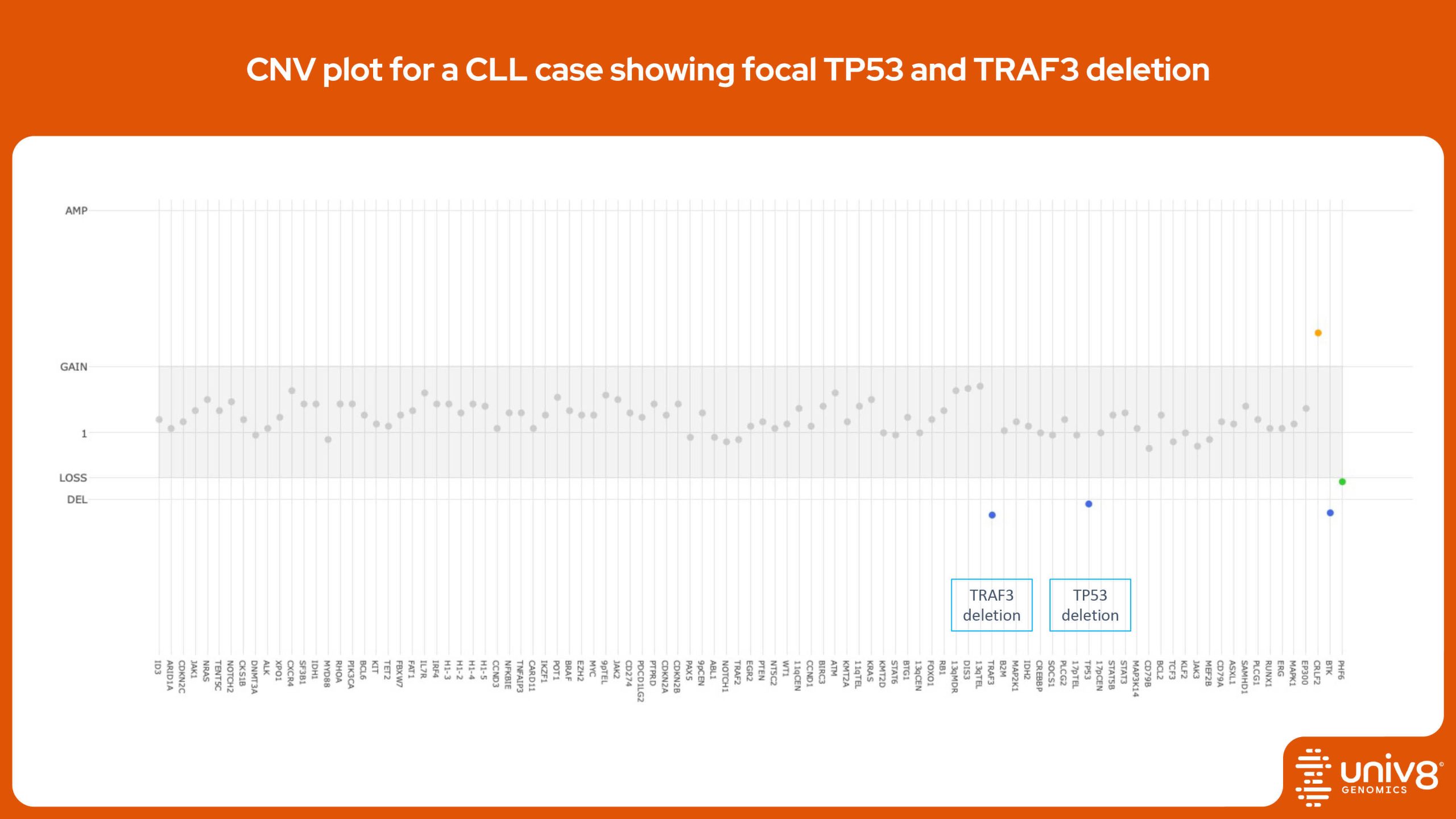 CNA plot for a CLL case showing focal TP53 and TRAF3 deletion