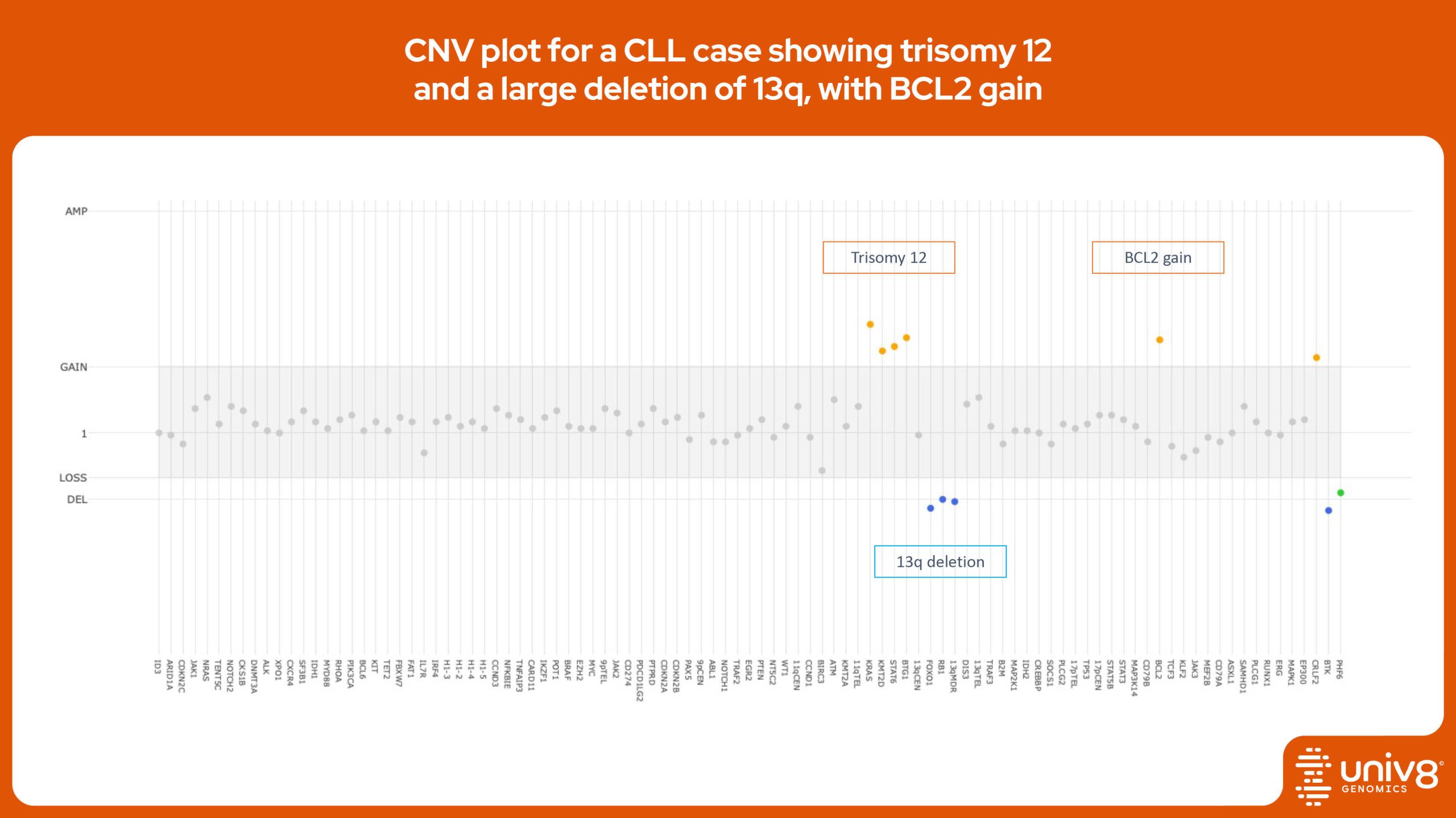 CNA plot for a CLL case showing trisomy 12 and a large deletion of 13q, with BCL2 gain