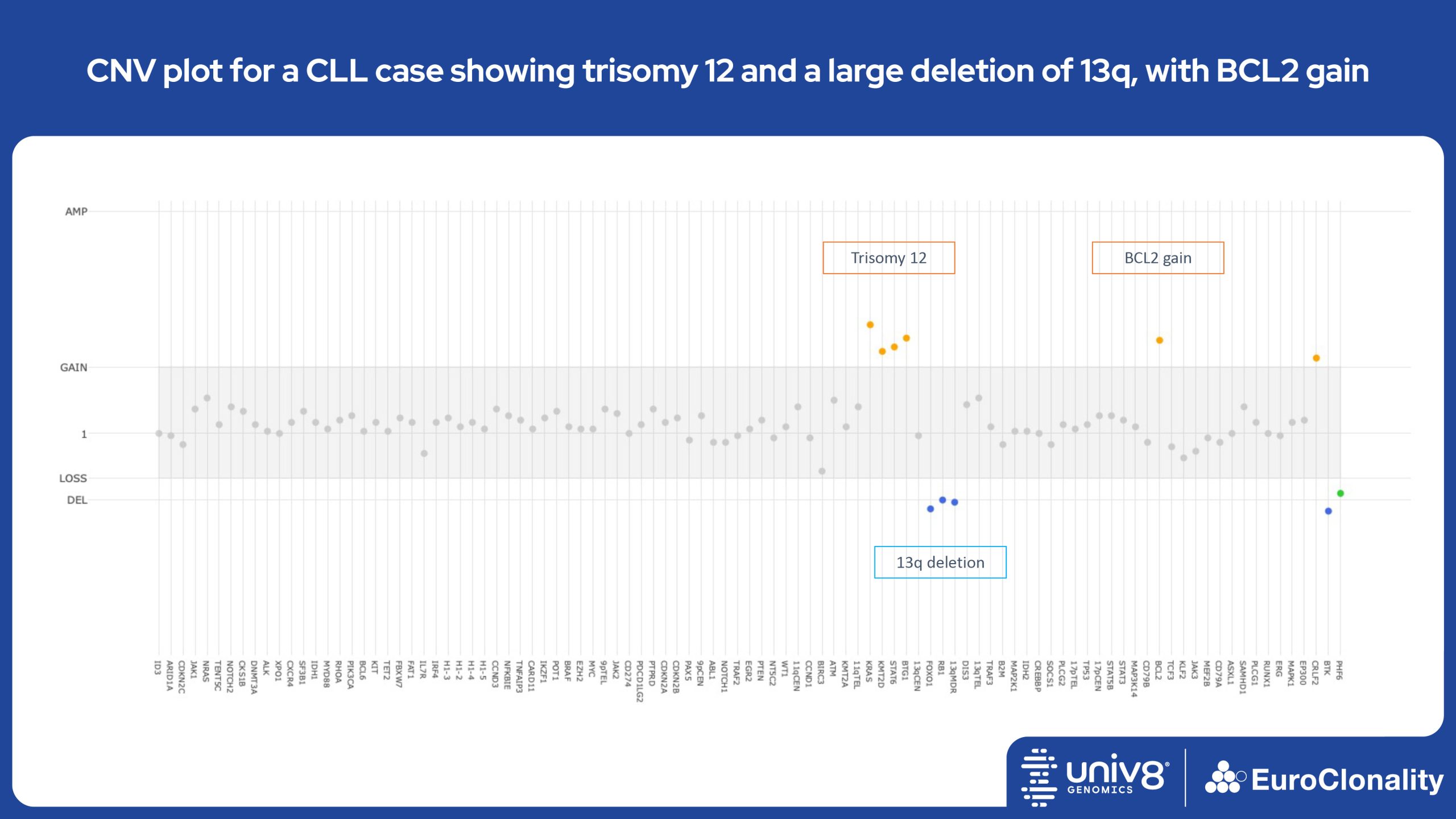 CNV plot for a CLL case showing trisomy 12 and a large deletion of 13q, with BCL2 gain